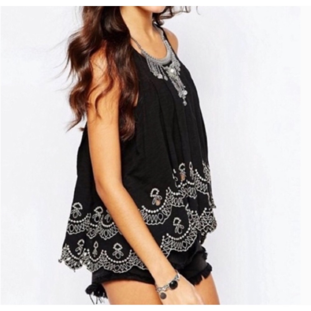 FREE PEOPLE Black Scalloped Open Back Slub Tank S - Picture 3 of 9